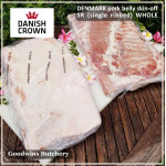 Pork BELLY SKIN OFF samcan frozen Denmark DANISH CROWN 1/3 cuts small roast +/- 1.5kg (price/kg)